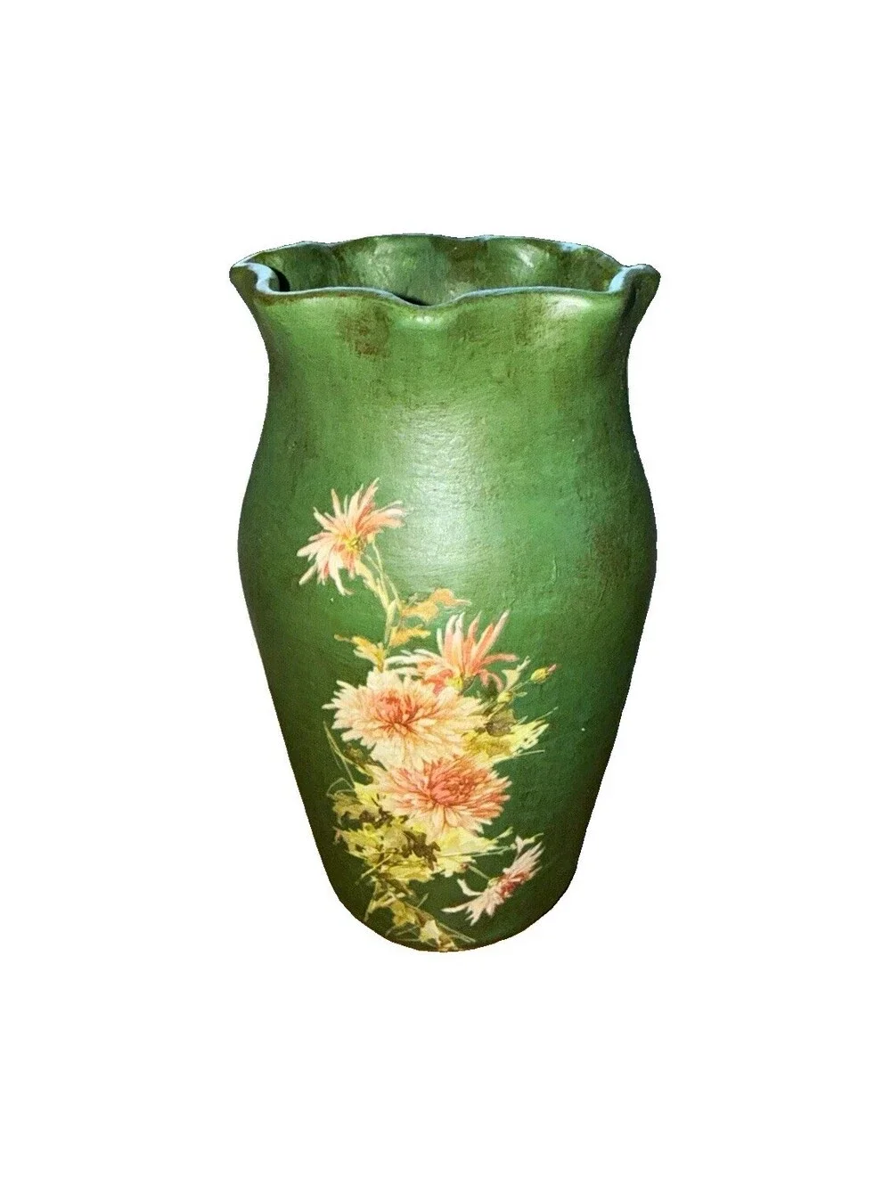 Green Ceramic Floral Vase, decorative scalloped rim, 8 in, cottagecore
